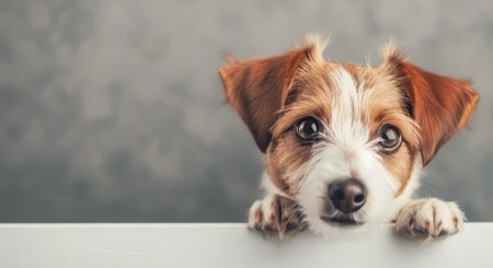A small dog with brown and white fur peeks over a white surface, looking curiously at the camera. Its paws rest on the surface, and its ears are perked up.の素材