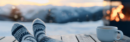 A person relaxes by a window with a steaming cup of drink, their feet covered in cozy socks. A fireplace glows in the background as the sun sets.の素材