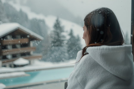 A woman wearing a white robe looks out a window at a snowy village in the distance.の素材