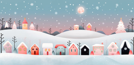 A whimsical illustration of a snow-covered village at night, with brightly lit windows in the houses and a snowman in the foreground.の素材