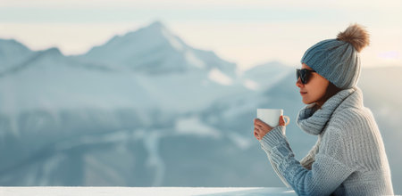 A woman in a warm knit hat and sweater enjoys a cup of coffee while overlooking a snowy mountain range.の素材