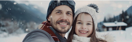 A happy family smiles in the snow. A mother, father, and young daughter are all bundled up in winter wear and enjoying the snow together.の素材