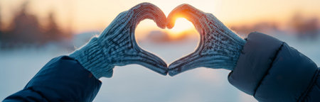 Two hands wearing winter gloves are forming a heart shape in front of a sunset. The sun is shining brightly through the heart, creating a warm and loving glow.の素材