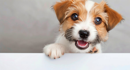 A happy dog with brown and white fur peeks over a white surface, with a smile showing its teeth.の素材