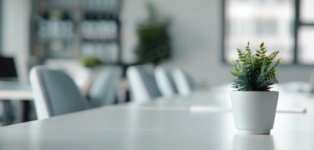 A small potted plant sits on a white table in an office setting. The plant is in a white ceramic pot with a textured design. The background is blurred and shows a table with chairs.の素材