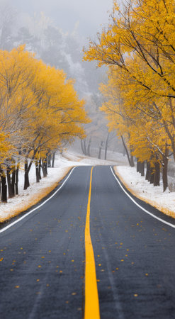 A winding asphalt road leads through a snowy forest with a line of yellow trees on either side. The road has a double yellow line down the center and is surrounded by snow-covered ground.の素材
