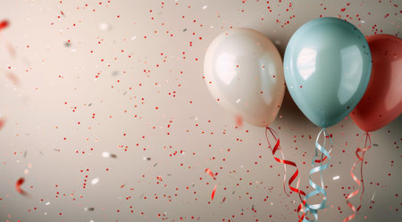 Two balloons, one blue and one orange, float in the air with confetti falling around them.の素材
