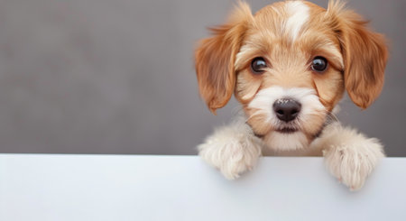 A small, brown and white puppy with fluffy fur is peeking over a white surface, looking directly at the camera.の素材
