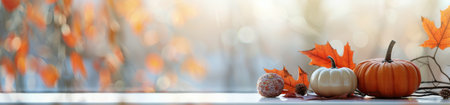 A white window sill with a small white pumpkin and a larger orange pumpkin. Fall leaves are resting next to the pumpkins. The background is a blurred image of an outdoor scene with fall colors.の素材