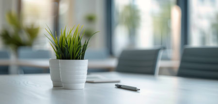 A small potted plant sits on a white table in an office setting. The plant is in a white ceramic pot with a textured design. The background is blurred and shows a table with chairs.の素材
