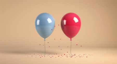 Two balloons, one blue and one orange, float in the air with confetti falling around them.の素材