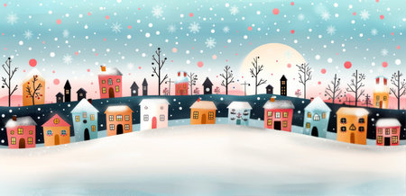 A whimsical illustration of a snow-covered village at night, with brightly lit windows in the houses and a snowman in the foreground.の素材