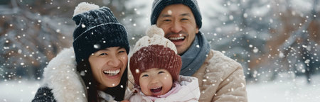 A father and his young daughter are caught in a flurry of snow as they laugh together. The girl is bundled up in a blue hat and white scarf, while the father wears a black beanie and a plaid scarf.の素材
