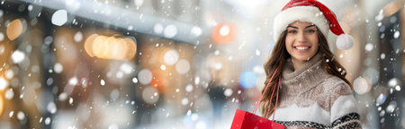 A woman smiles brightly, wearing a Santa hat and carrying shopping bags, in a snowy city setting. The background is out of focus, with twinkling lights and falling snow.の素材