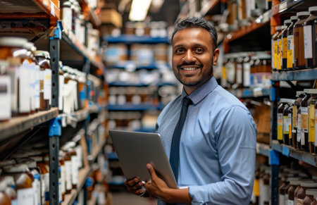 A smiling businessman in a blue shirt and tie stands in a warehouse, holding a laptop and looking towards the camera. Shelves filled with various products line the walls.の素材