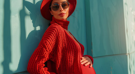 A pregnant woman in a red cardigan and straw hat poses in front of a turquoise wall.の素材