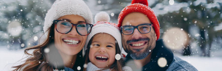 A happy family smiles in the snow. A mother, father, and young daughter are all bundled up in winter wear and enjoying the snow together.の素材
