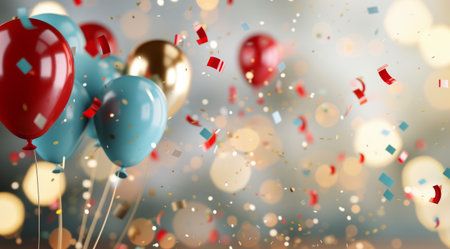 A cluster of colorful balloons, including red, pink, and blue, are tied together and floating against a white background. The balloons are decorated with confetti.の素材