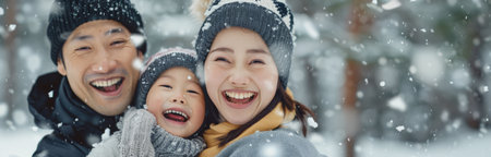 A father and his young daughter are caught in a flurry of snow as they laugh together. The girl is bundled up in a blue hat and white scarf, while the father wears a black beanie and a plaid scarf.の素材