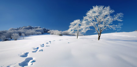 A snowy path winds through a winter landscape, leading up a hill to a line of trees frosted with ice. The bright blue sky above contrasts with the white snow and trees.の素材