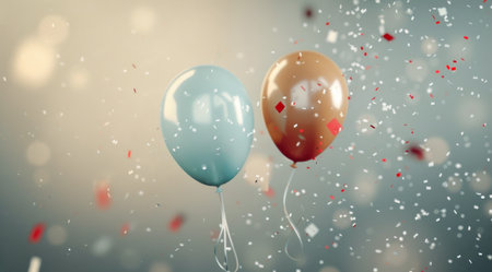 Two balloons, one blue and one orange, float in the air with confetti falling around them.の素材