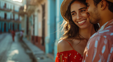 A woman with long, dark hair and a straw hat smiles as she stands close to her partner, who is looking at her.の素材