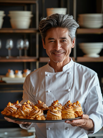 A chef in a white uniform smiles as he holds a tray of freshly baked pastries in a bakery.の素材