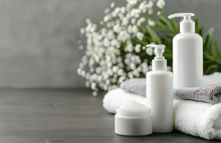 Two white bottles with pumps, a jar of cream, and a stack of white towels sit on a gray countertop. White flowers are blurred in the background.の素材