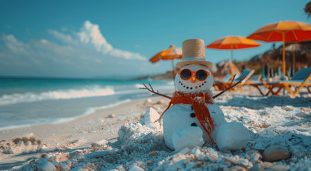 A snowman wearing sunglasses and a straw hat is relaxing on a sunny beach with white sand, turquoise water, and orange umbrellas.の素材