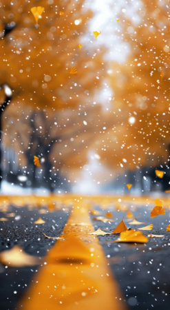 A branch of ginkgo leaves, dusted with snow, hangs over a snowy road. The leaves are yellow and the snow is falling softly.の素材