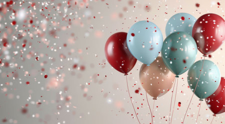 A cluster of colorful balloons, including red, pink, and blue, are tied together and floating against a white background. The balloons are decorated with confetti.の素材
