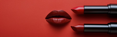 A close-up image of a pair of full, red lips on a red background with two red lipsticks laying above.の素材