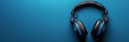 A pair of black headphones with blue accents lay on a bright blue background.の素材
