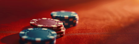 Three stacks of casino chips, one blue and two red, are arranged on a red felt table.の素材