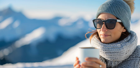 A woman in a warm hat and gloves enjoys a hot beverage while overlooking snow-covered mountains during a beautiful sunset.の素材
