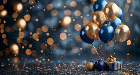 Blue and gold balloons float against a background of twinkling golden lights. Gift boxes with golden bows sit in the foreground.の素材