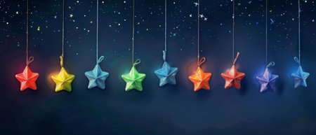 Close-up of colorful star ornaments hanging on a Christmas tree branch at night. The lights create a festive, magical atmosphere.の素材