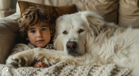 A young boy with blonde hair lies on a couch, his head resting on the head of a white dog.の素材