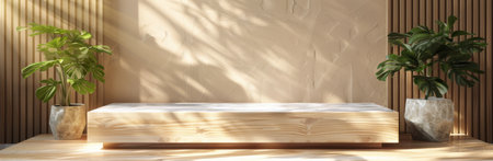 A white marble shelf sits against a wooden wall, bathed in warm sunlight.の素材