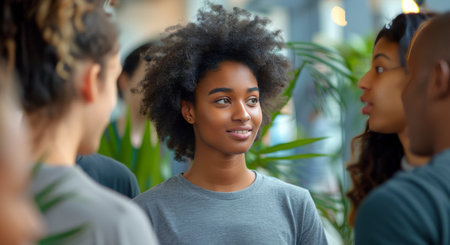 A young woman with curly brown hair smiles while standing in a group of people indoors.の素材