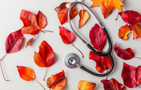 A white background with a stethoscope and autumn leaves in shades of red, yellow, and orange scattered around it.の素材