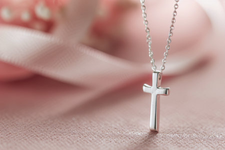 A silver cross necklace lies on a pink background, the chain and pendant reflecting light. The necklace features a delicate chain and a simple cross design.の素材