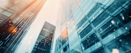 A blurred cityscape is reflected in the windows of a modern office building, with sunlight illuminating the scene.の素材