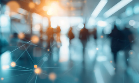 An abstract image of a network of lines and nodes, with blurred figures of people walking in the background. The image suggests connectivity, communication, and human interaction in a modern environment.の素材