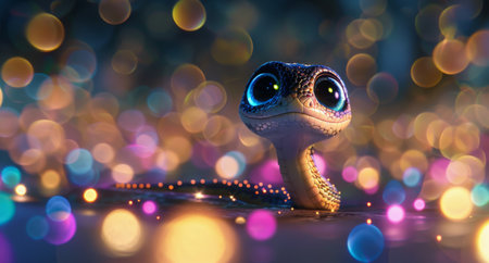 A close-up of a black snake with bright, golden eyes, set against a backdrop of blurry, orange and blue lights. The snake's scales are visible, and its gaze is direct and focused.の素材