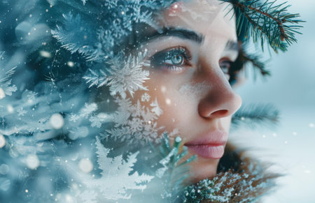 A woman with a hat on, partially obscured by snowy trees, looks out into the winter wonderland. Snow falls around her, creating a magical, ethereal atmosphere.の素材
