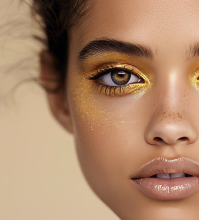 A woman's eye with gold eyeshadow and freckles is the focus of this close-up image. Her eyebrows are carefully shaped, and her skin has a natural, dewy glow.の素材