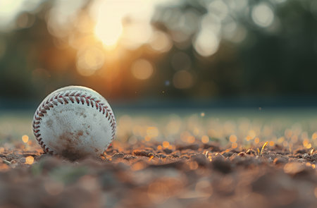 A worn baseball sits on the infield dirt of a baseball field, with the setting sun shining in the background.の素材