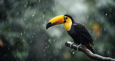 A toucan sits on a branch in the rainforest, rain falling around it. The toucan's large, colorful beak is visible, and its black feathers are wet from the rain.の素材