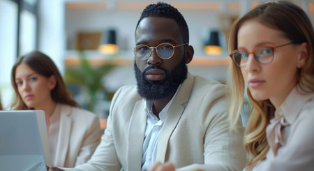 A man with a beard and glasses looks directly at the camera while sitting at a desk with two other people. One of the people is looking at a laptop, while the other looks off to the side.の素材